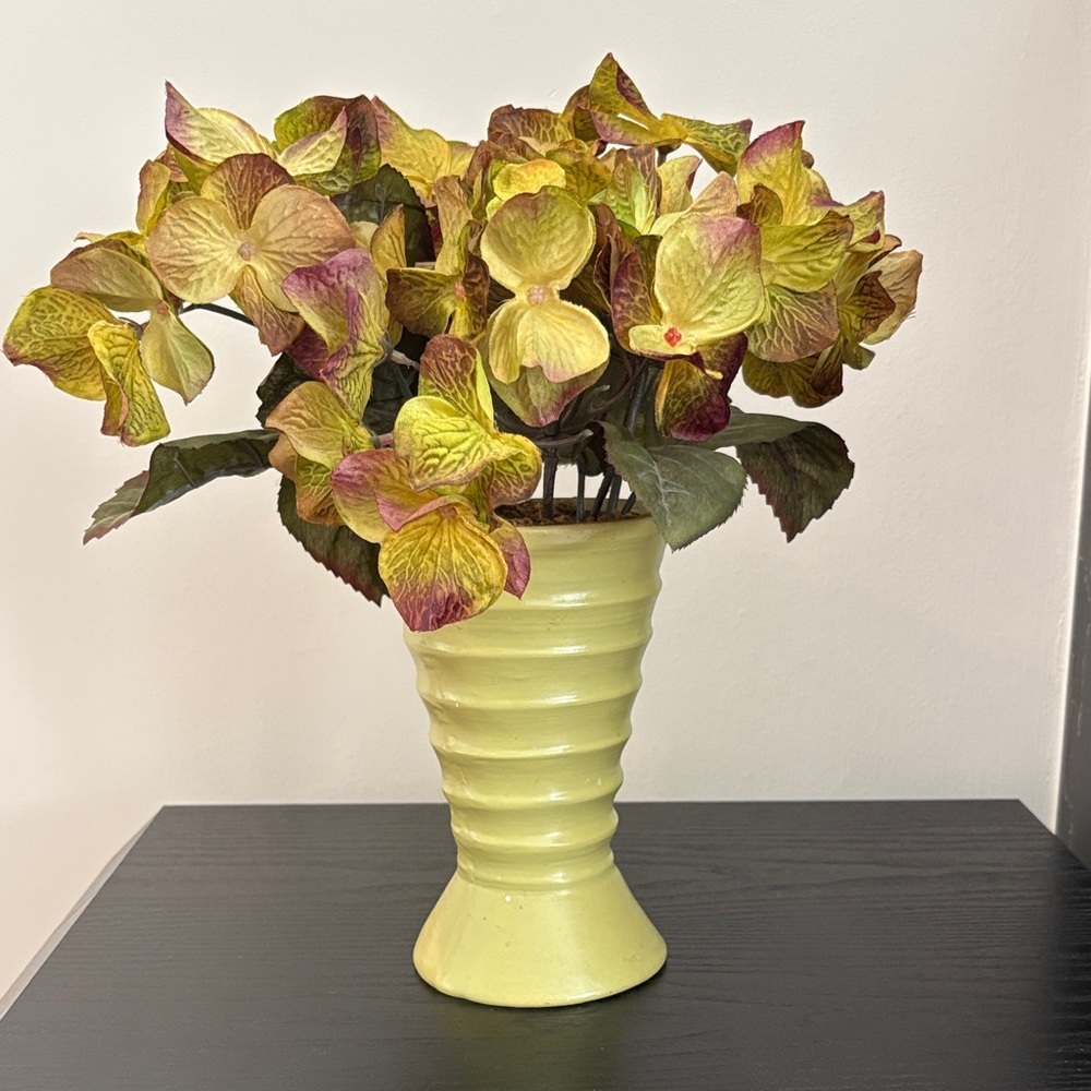 Green Ribbed Vase with Faux Hydrangea Arrangement